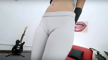 White leggins thong inside puffy cameltoe round ass big boobs wow