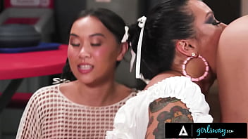 Asian babes have orgy between classes