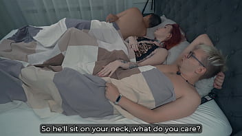 Step mom seduces step son in stormy bed share—husband watches creampie