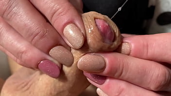 Foreskin play hard and handjob with post cum play