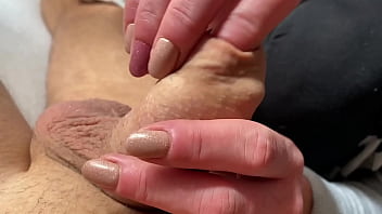 Foreskin play hard and handjob with post cum play