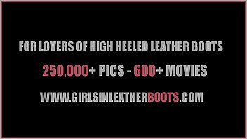 Busty blonde babe puts on leather boots