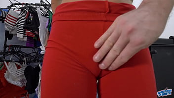 Skinny brunette has round ass and a puffy cameltoe