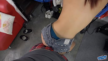 Skinny brunette has round ass and a puffy cameltoe