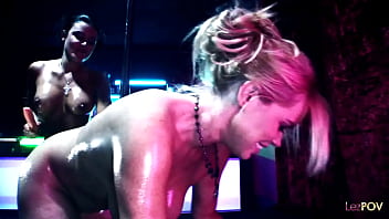 Grinding their bodies on the stripper pole excites the two dyke milfs they ditch the stripping and head straight to fisting until their wet pussies are stretched enough for their enormous strapons