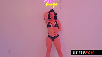 Hot brunette performs the sexiest striptease and lapdance with a happy ending