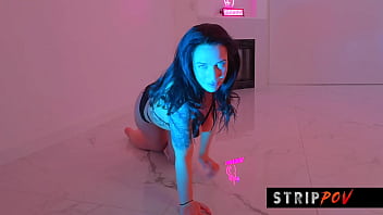 Hot brunette performs the sexiest striptease and lapdance with a happy ending