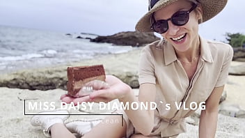 Eating choco cake on diamond blue beach sfw