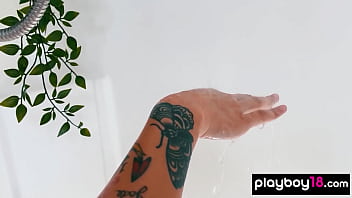 Skinny small titted asian muse washing her exotic cunt