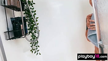 Skinny small titted asian muse washing her exotic cunt