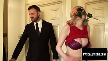 Busty submissive plays dual roles with flower and cock Busty submissive plays dual roles with flower and cock