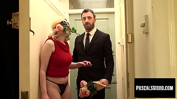 Busty submissive plays dual roles with flower and cock