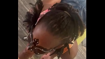 Sexy slim big booty model gives blow in chair