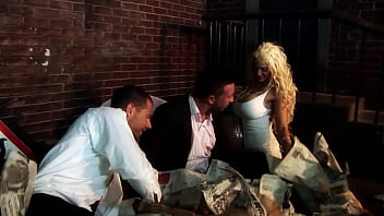 Blonde with comically large boobs amy azurra takes on a couple of men in this hot