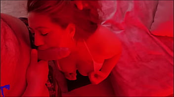 Latina milf under red light sucks balls spits on dick handjob and huge facial cumshot