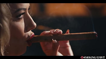 Horny milf with huge tits masturbating and giving blowjob while smoking a 9 inch cigar