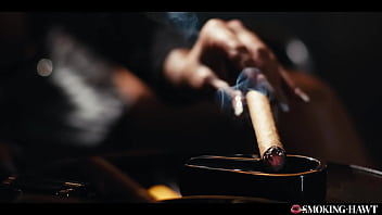 Horny milf with huge tits masturbating and giving blowjob while smoking a 9 inch cigar