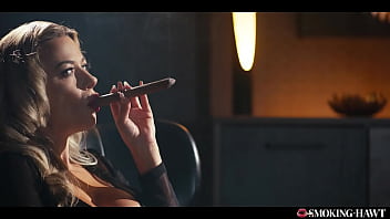 Horny milf with huge tits masturbating and giving blowjob while smoking a 9 inch cigar