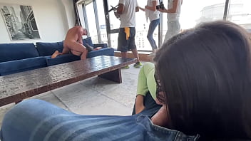 Crazy public threesome and backstage blowjob