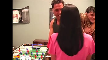 Tattooed blonde gets rough double penetration from more guys after playing a game