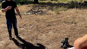 Two milfs seduce hiker with their big tits and pussies