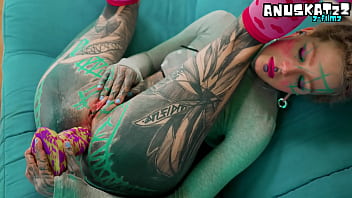 Anal solo for skinny tattoows girl dildos and fuck her tiny butthole