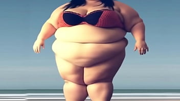 Ultra sized fatty jiggling her flesh on beach solo ai generated