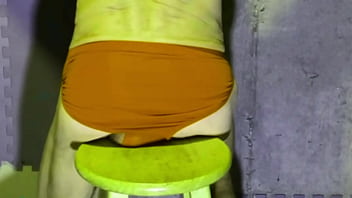 Preview stretching in basement on stool in briefs color changing
