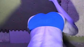 Preview stretching in basement on stool in briefs color changing