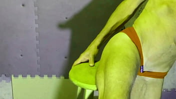 Preview stretching in basement on stool in briefs color changing