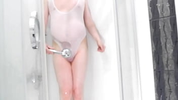 Solo boy in white swimsuit masturbate in shower