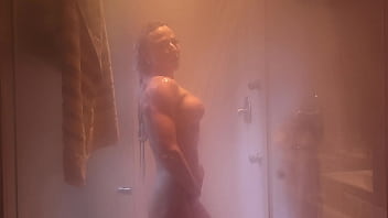 Blonde muscle milf in the shower—playing with her perfect body