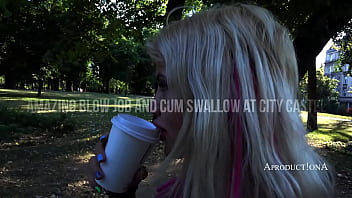 Blow job and cum swallow at the city castle