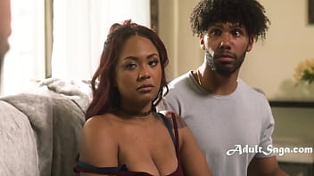 Neighbor blackmails busty ebony sitter who snuck in her boyfriend to clients house