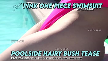 Pink one piece swimsuit poolside hairy bush tease