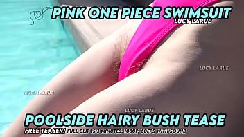 Pink one piece swimsuit poolside hairy bush tease