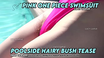 Pink one piece swimsuit poolside hairy bush tease
