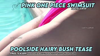 Pink one piece swimsuit poolside hairy bush tease