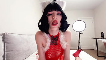 Neko girl with short hair and unshaved pussy is happy to fuck and get cum in her mouth on christmas