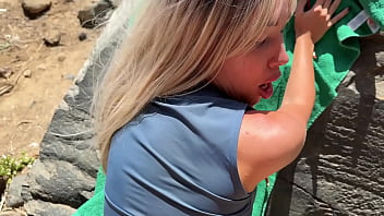 Risky sex on public beach with perfect body teen blond