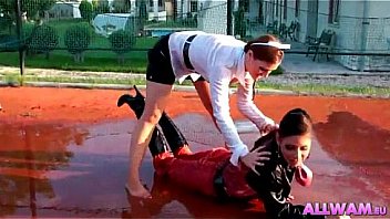 Three lesbians cat fight in pool