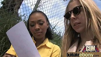 Ebony babe sucks group of white guys 5