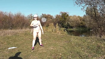 Autumn sport cute milf mature sexy frina strips naked and learns play badbinton with lover naked in public publicly outdoors outside big ass butt perfect boobs big natural tits pussy doggy style