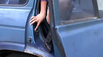 Car striptease with stunning amateur