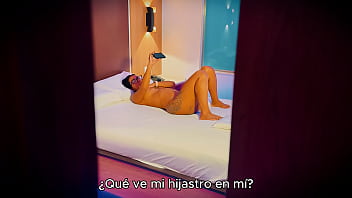 Stepmother masturbates while her stepson secretly watches her