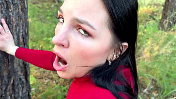 Passionate sex with a lustful wife in the autumn forest and cum on the face