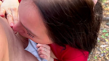 Passionate sex with a lustful wife in the autumn forest and cum on the face