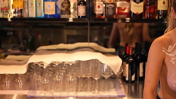Stella cardo in the bar shows tits and maybe cream on them