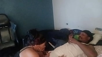 Chubby redbone in lingerie gets to suck bbc