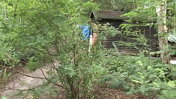 Brunette milf threesome in a forest